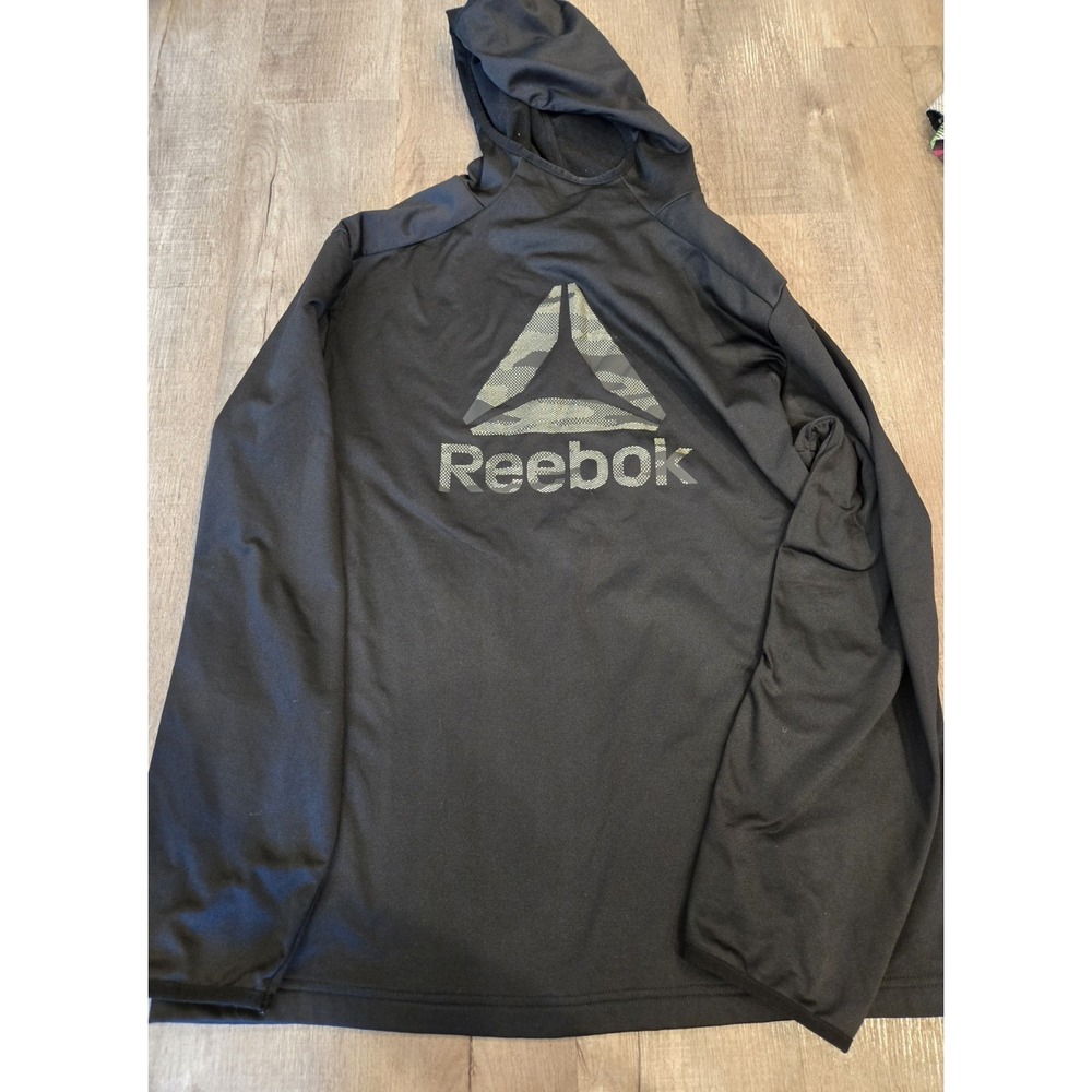 Reebok Fleece Jersey Pullover Hoodie Black Logo Hood Men's Long Sleeve L